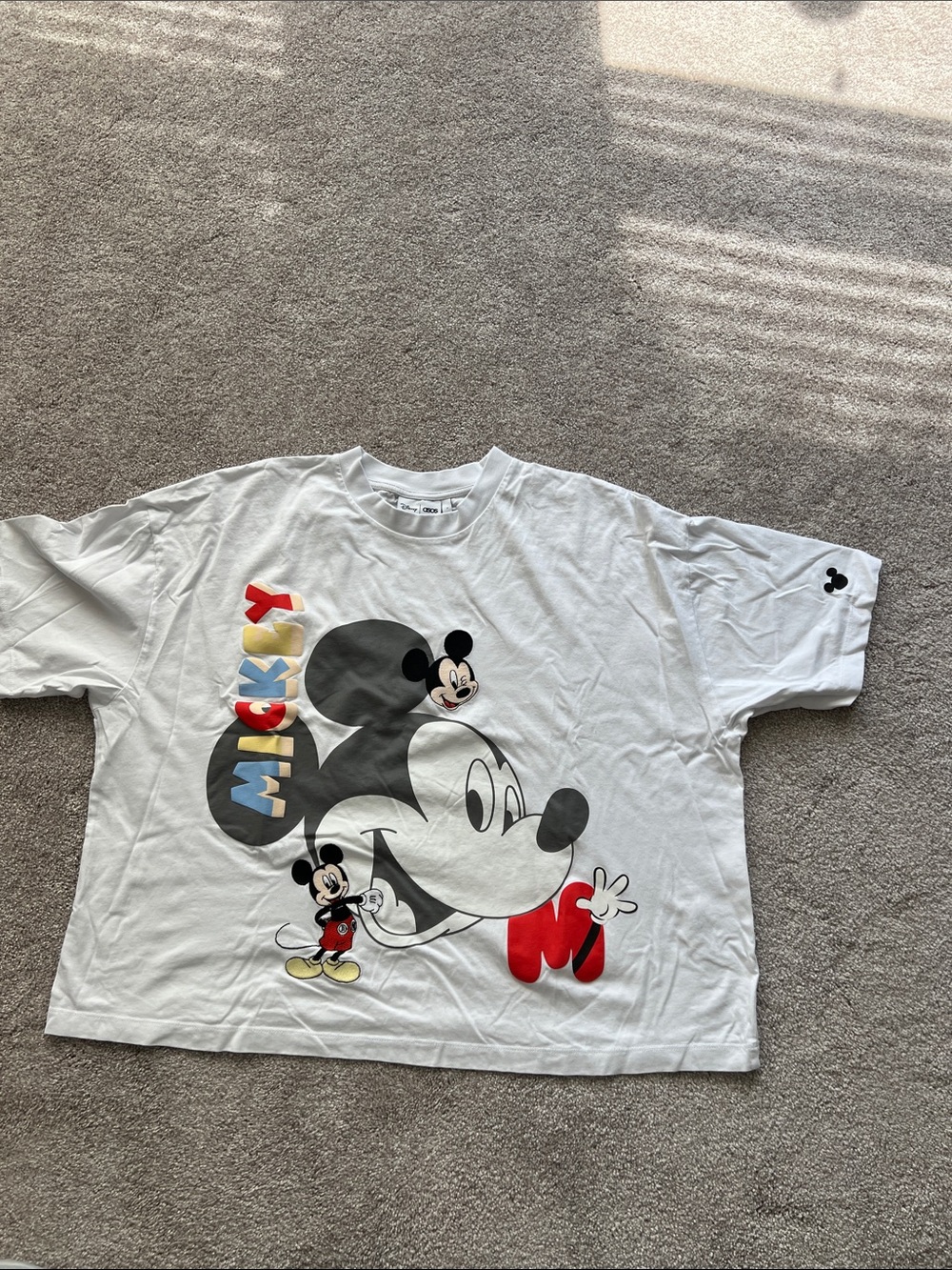 Disney White Mickey Mouse Graphic Tee with Red, Yellow & Blue Accents